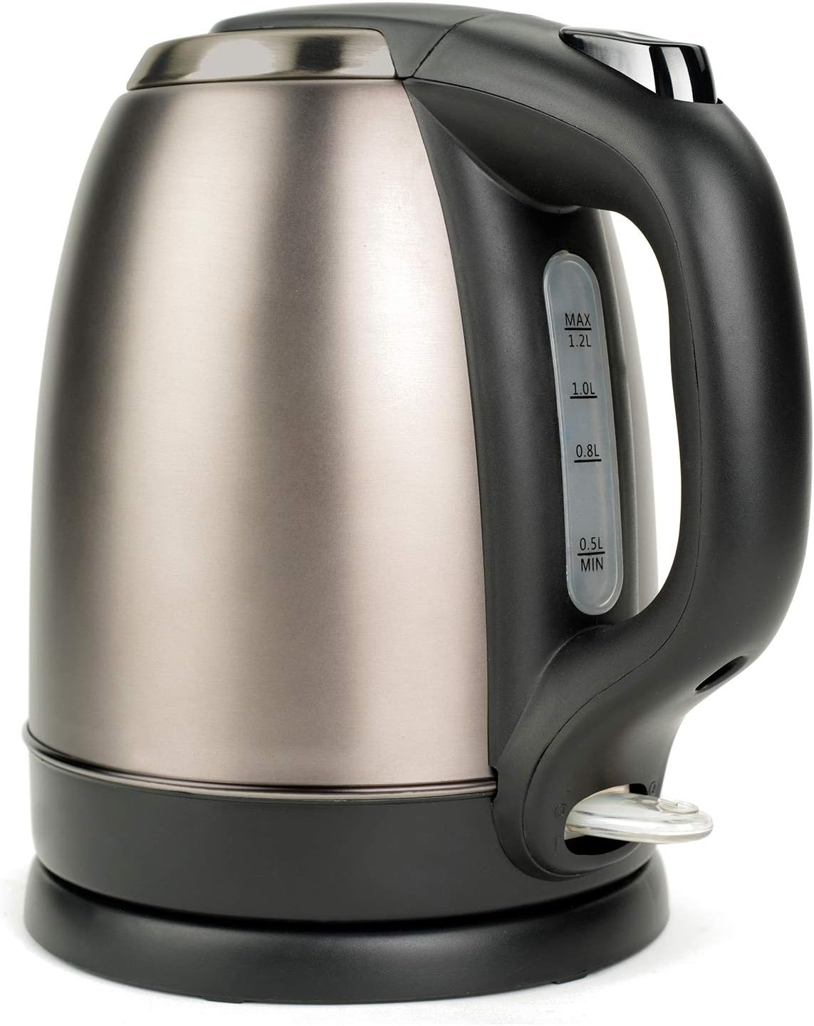 Czajnik elektryczny. Srebrny i czarny korpus. Wskaźnik poziomu wody z boku.