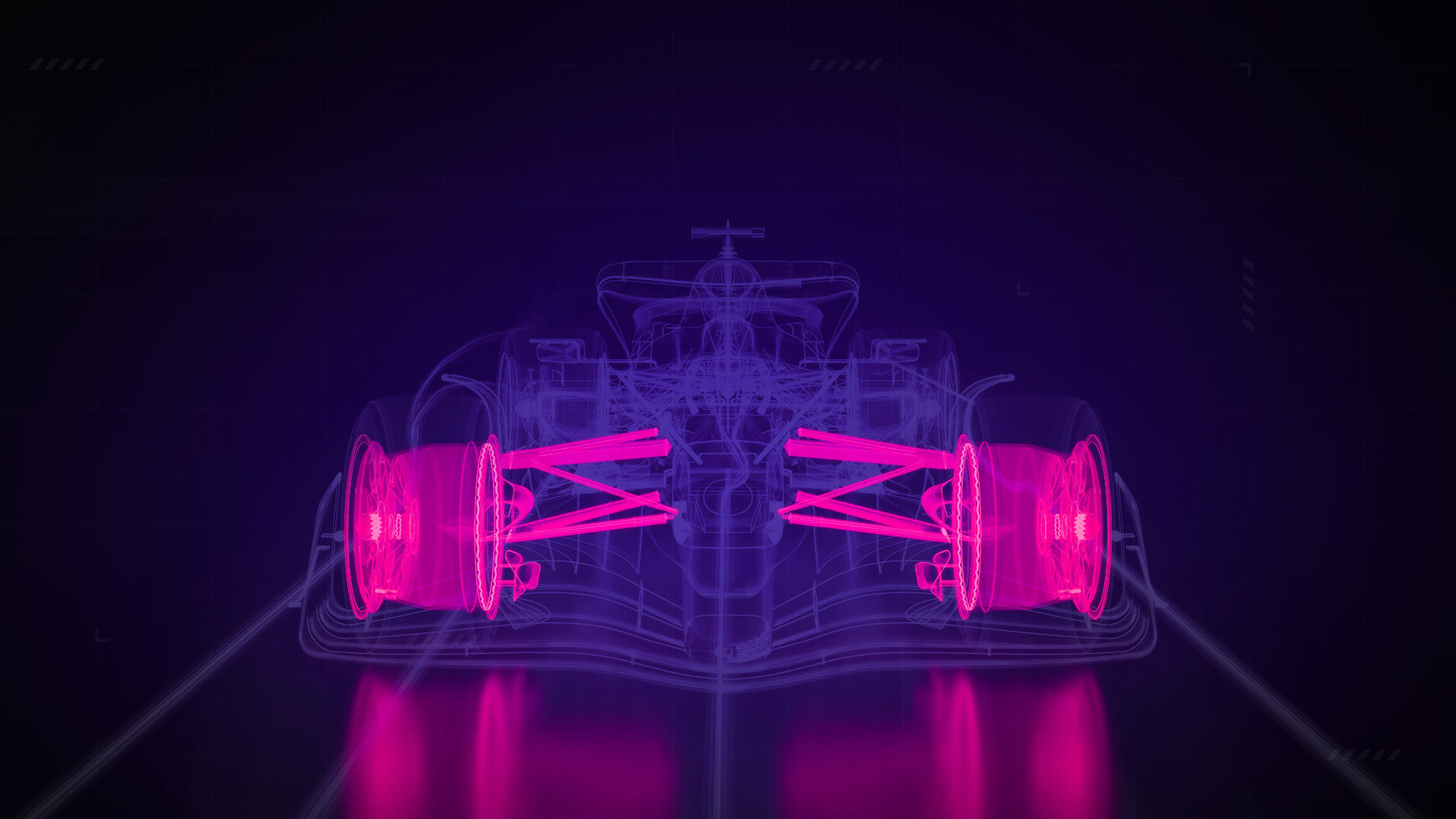 Contorno de neón de un coche de carreras, iluminado en rosa.