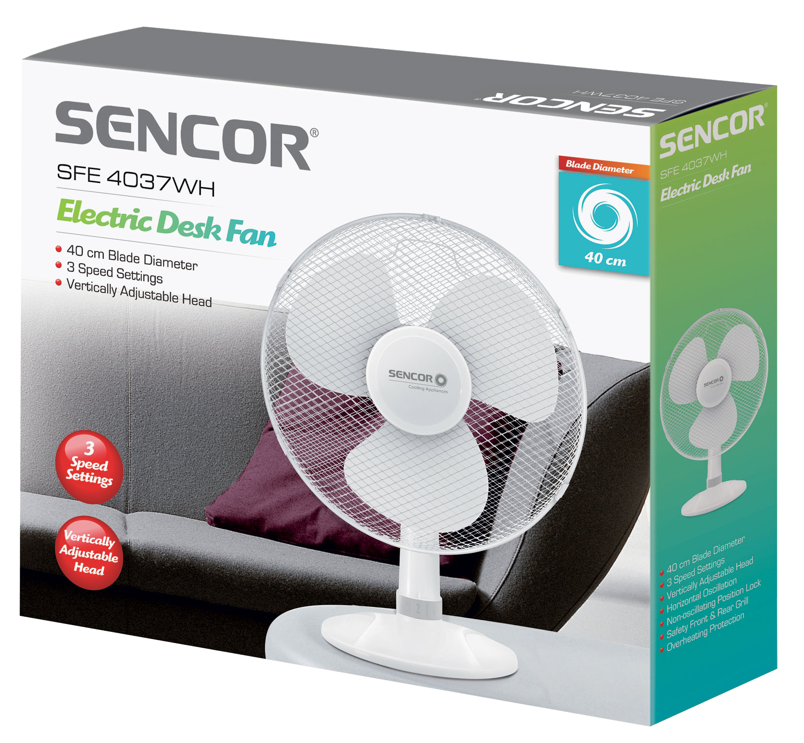 Asztali ventilátor a dobozban, jellemzők: 40 cm átmérő, 3 sebesség, függőlegesen állítható fej.