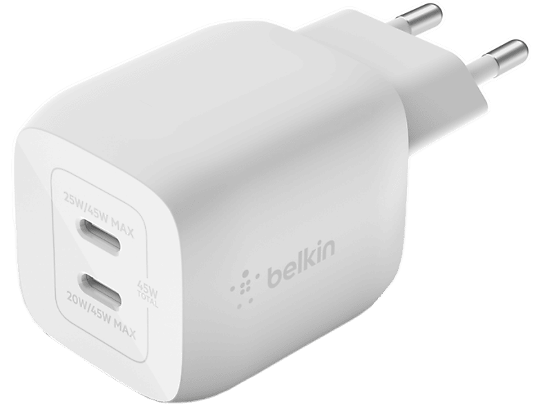 BELKIN Boost Charge Pro 45W GaN hálózati töltő kettős USB-C csatlakozással, fehér (WCH011vfWH)