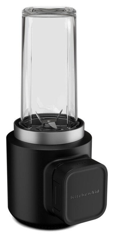 Schwarzer Personalblender mit Glasbehälter.