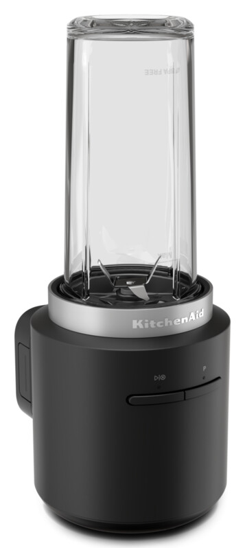 Schwarzer KitchenAid-Blender mit transparentem Behälter.