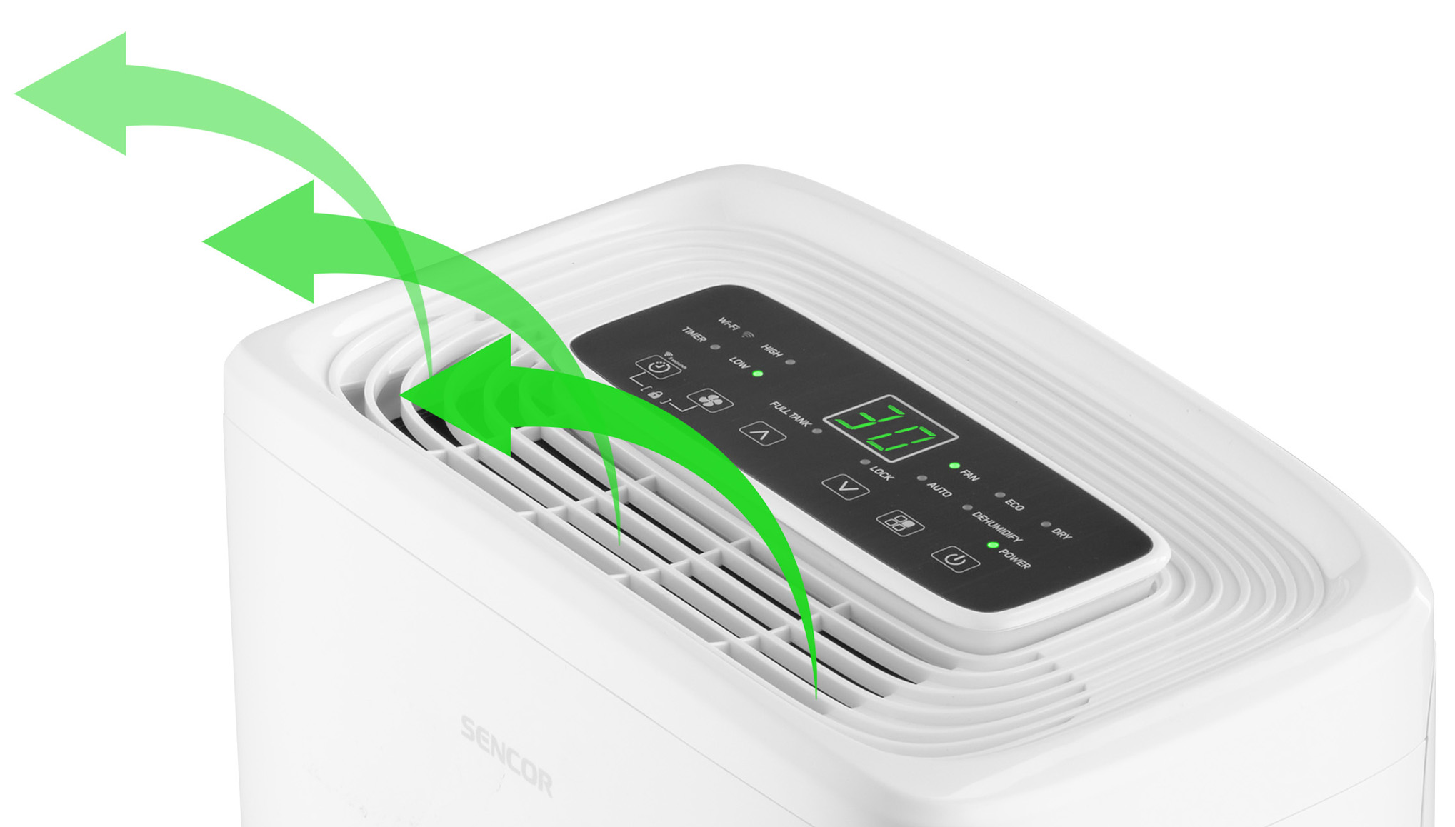 Egy fehér párátlanító digitális kijelzővel és zöld nyilakkal, amelyek a légáramlást jelzik.