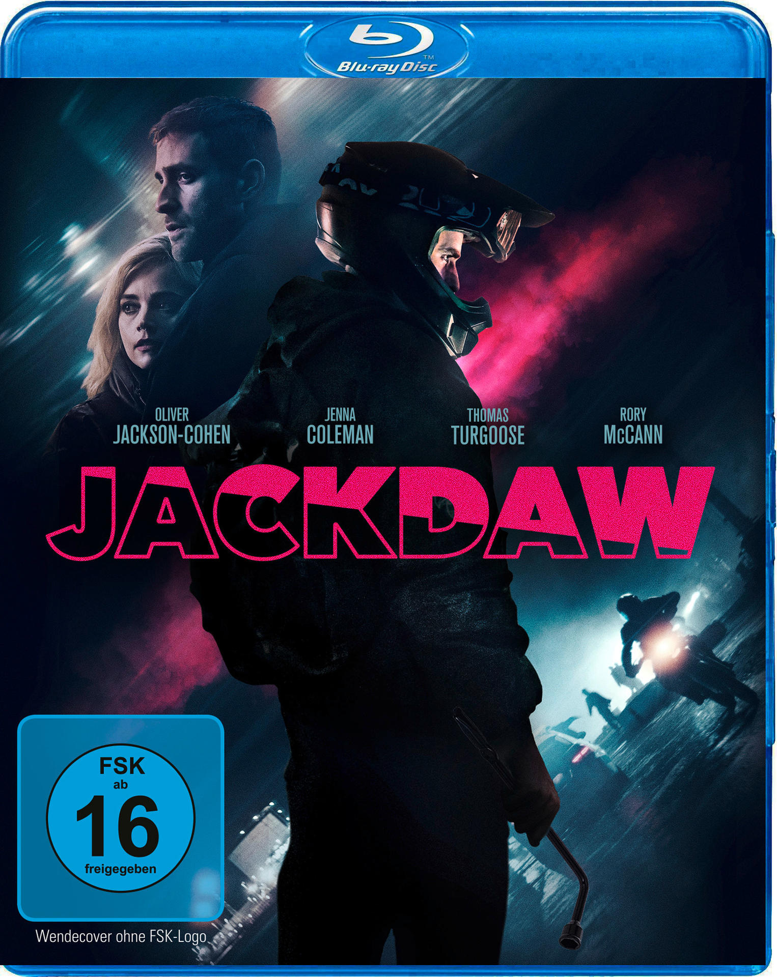 Blu-ray-Cover: Filmplakat mit Schauspielern, Helmfigur und dem Titel 'Jackdaw'.
