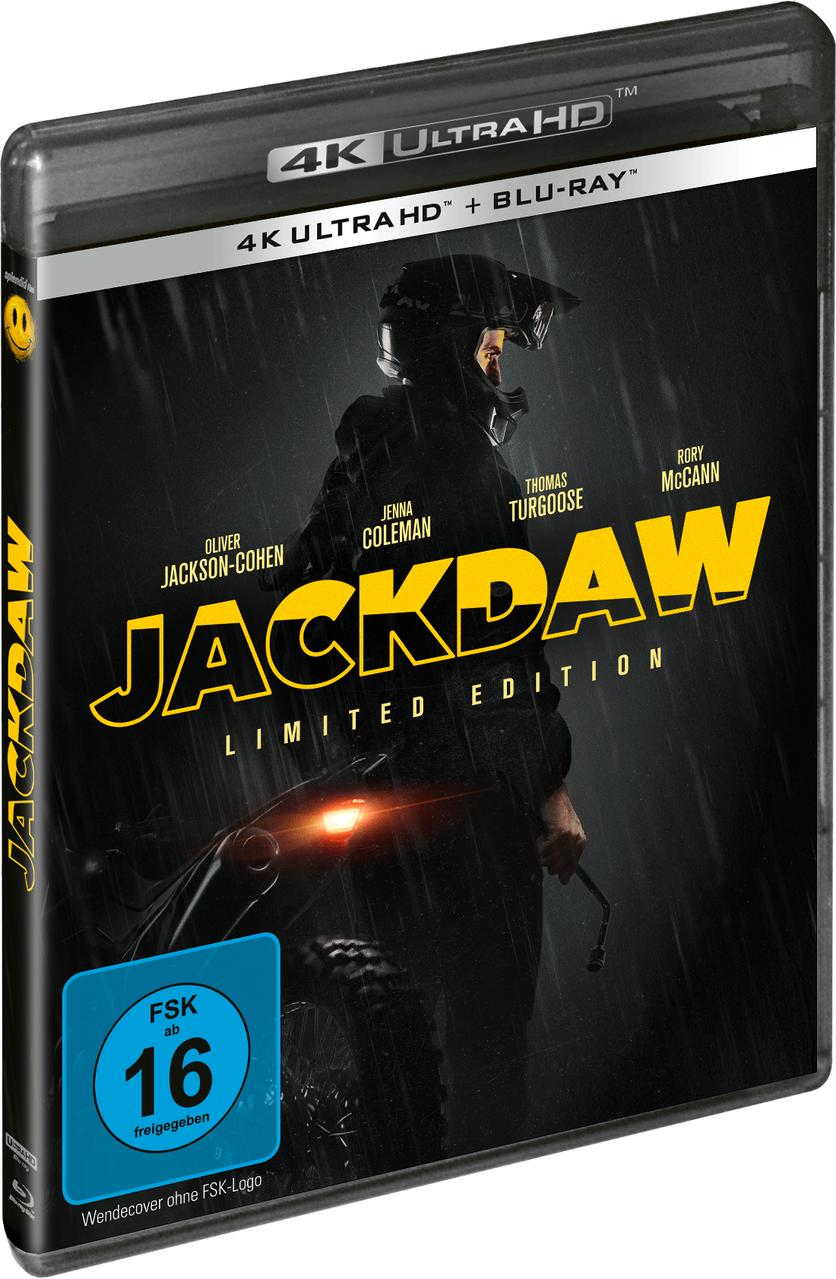 Eine Blu-ray-Filmhülle mit dem Titel JACKDAW, mit einem Mann auf einem Motorrad.