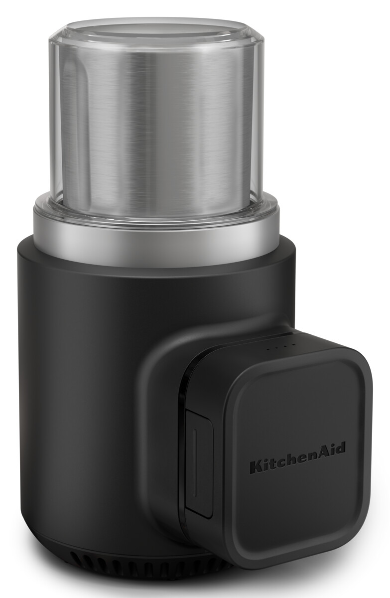 Schwarze KitchenAid Kaffeemühle mit klarem Deckel.