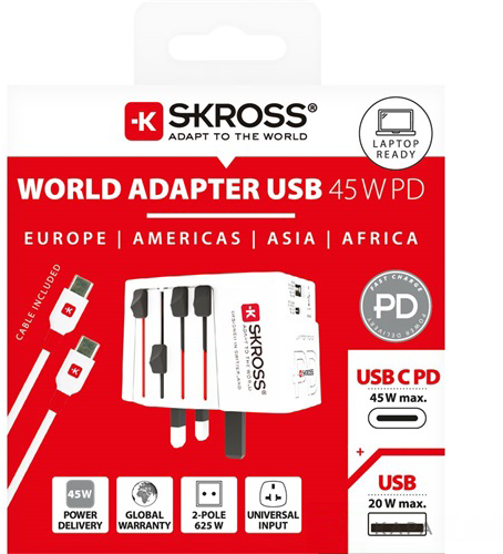 Egy SKROSS világadapter USB 45W PD doboz. A doboz piros-fehér, dugót és kábelt mutat.