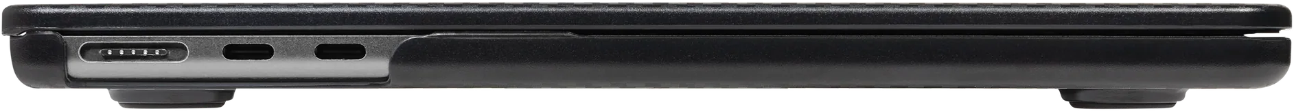 Egy fekete laptop oldalsó nézete portokkal. Fekete alap és fedél, ezüst portok és fekete alsó rész.
