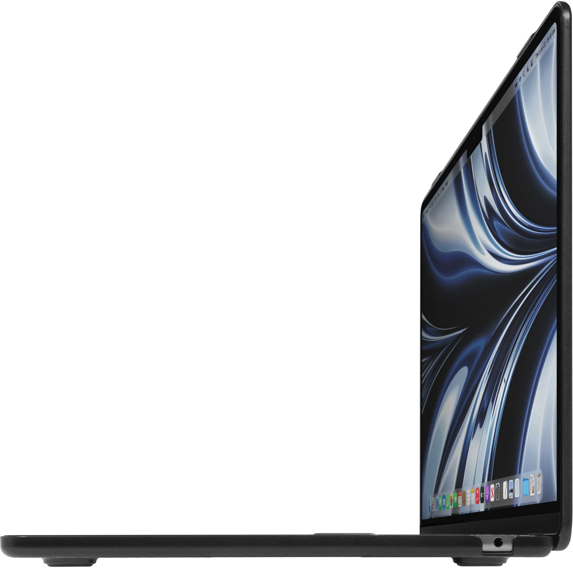 Laptop oldalról, nyitva. A kijelző egy színes, absztrakt dizájnnal rendelkező képernyőt mutat.