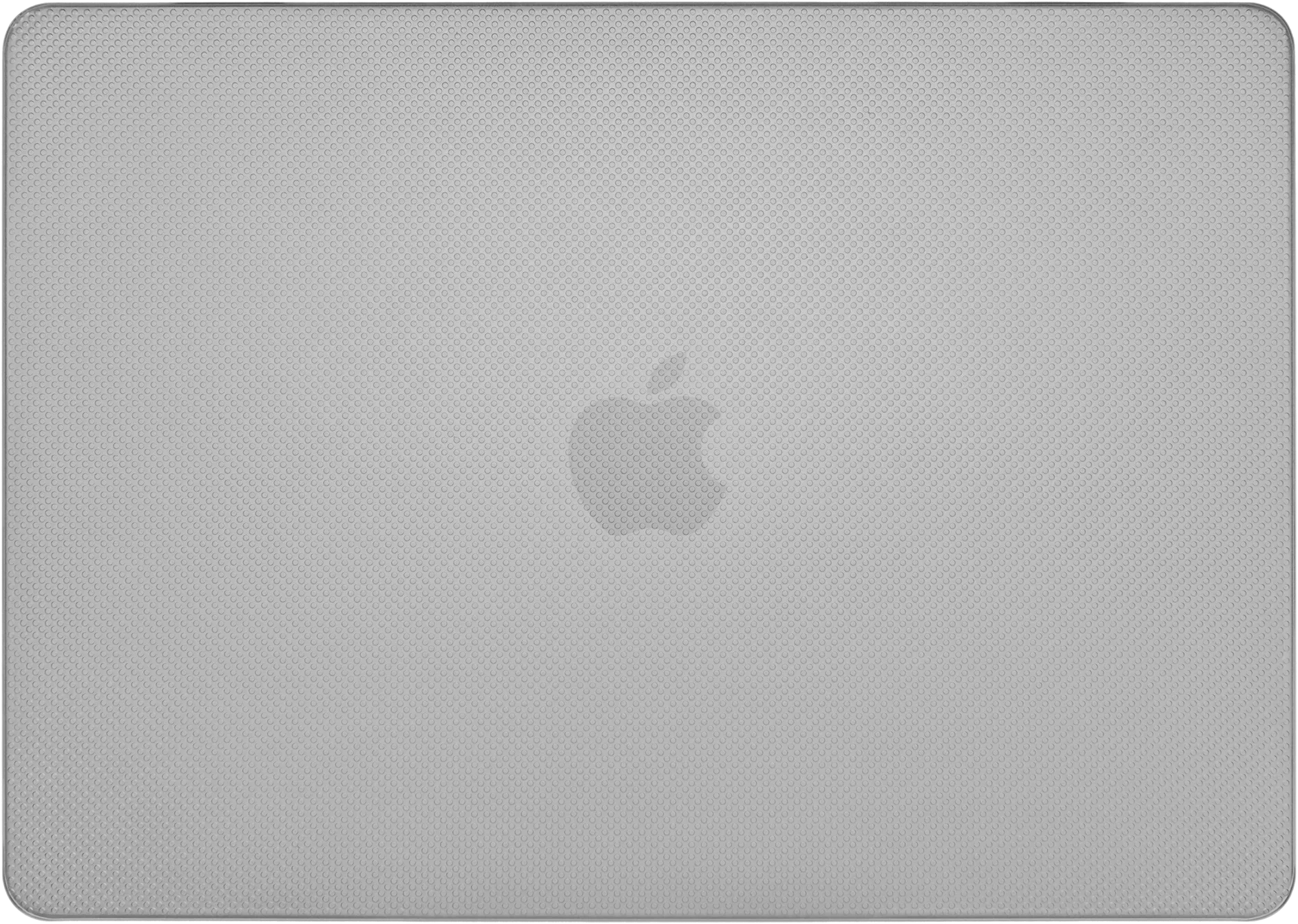 Egy szürke laptop, középen az Apple logóval, szürke, textúrázott felületen.