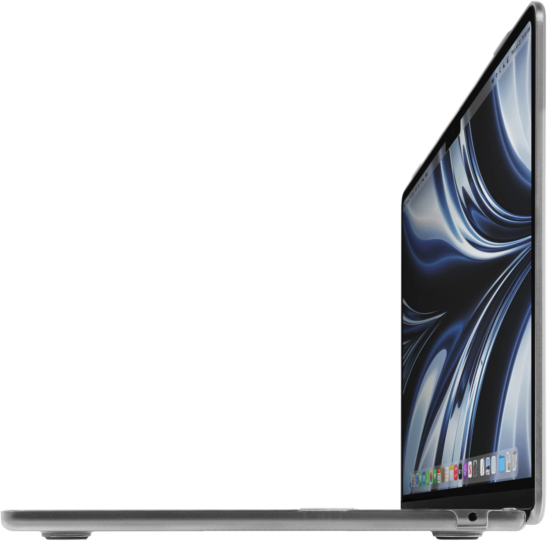 Egy ezüst laptop nyitva van, sötétkék és ezüst absztrakt dizájnt mutat a képernyőn.