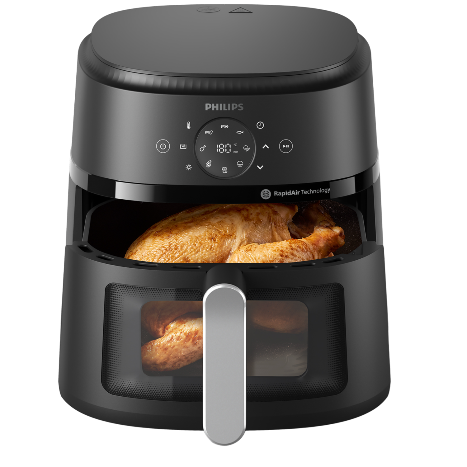 Zwarte Philips airfryer met kip erin. Zwarte achtergrond.