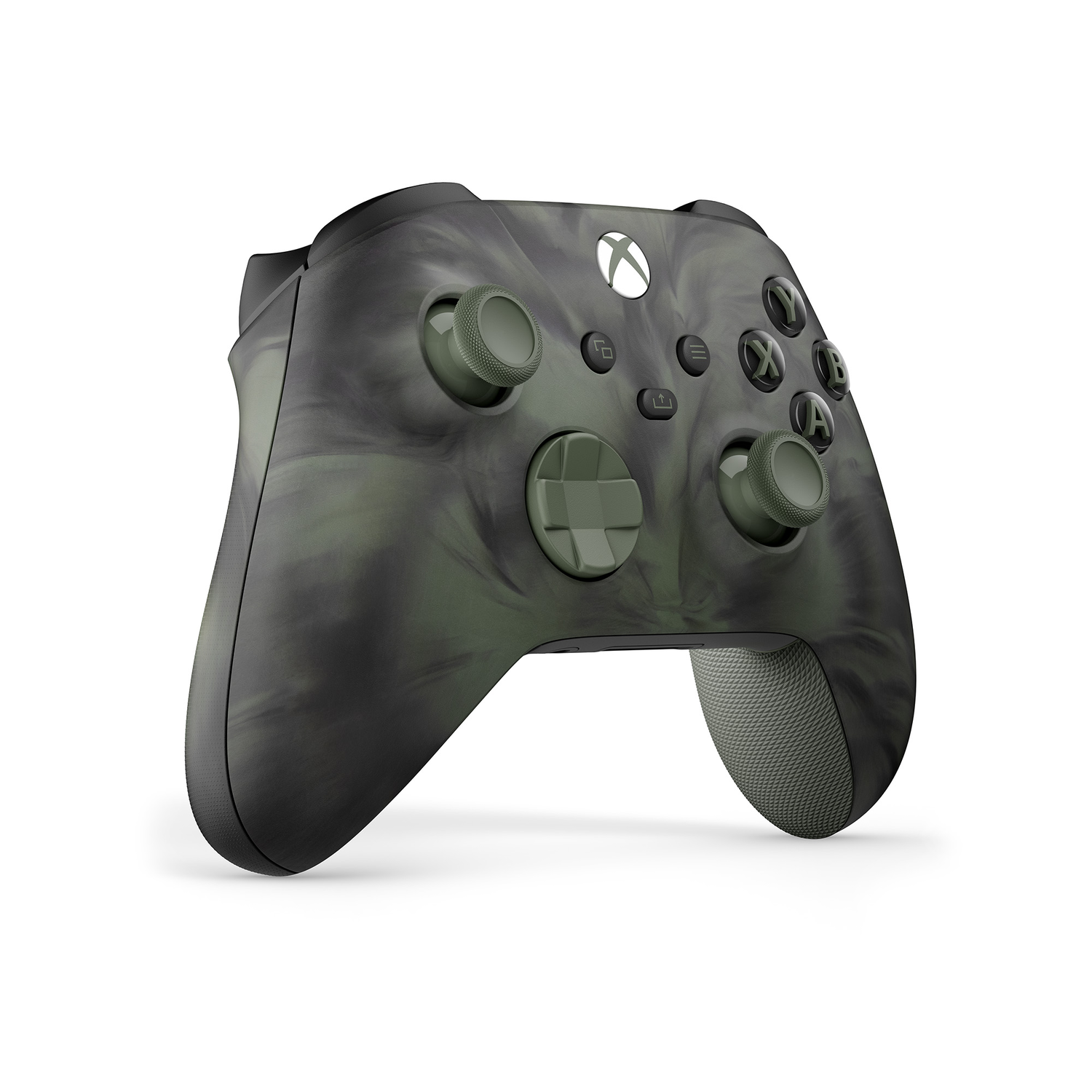 Xbox-controller met een uniek gemarmerd groen en zwart ontwerp. Knoppen en joysticks zichtbaar.