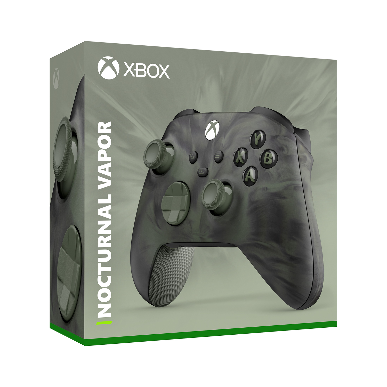 Een Xbox-controller in een doos. Het heeft een groen en zwart gemarmerd ontwerp, met een Xbox-logo.