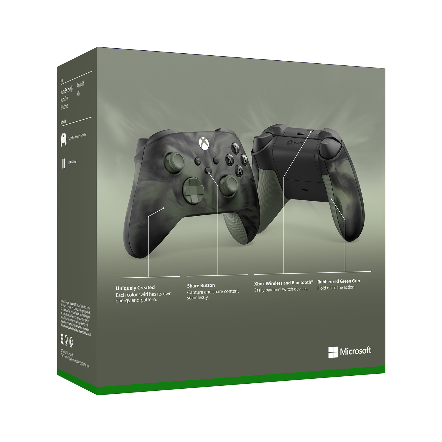Doos met twee Xbox-controllers: zwart en groen camouflage. Tekst beschrijft functies.