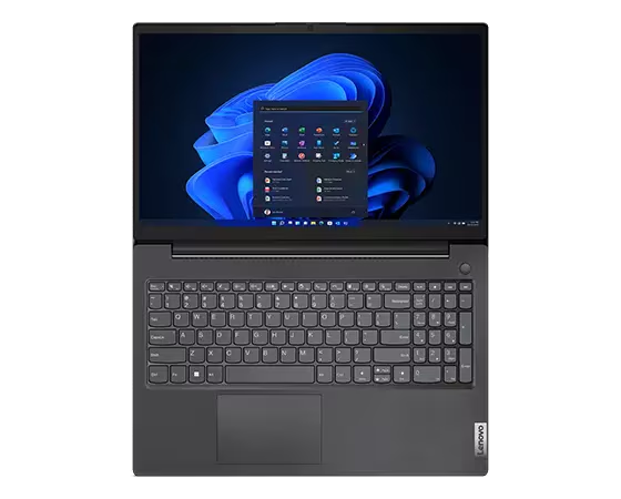 Una laptop Lenovo con marco gris oscuro, teclado y una pantalla que muestra una interfaz de Windows 11.