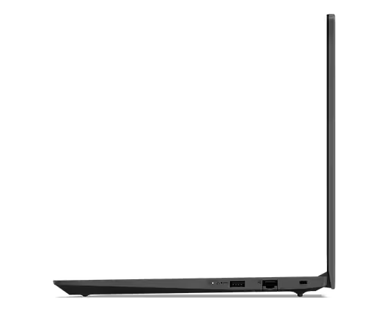 Una vista lateral de una laptop, que muestra los puertos y el borde de la pantalla.