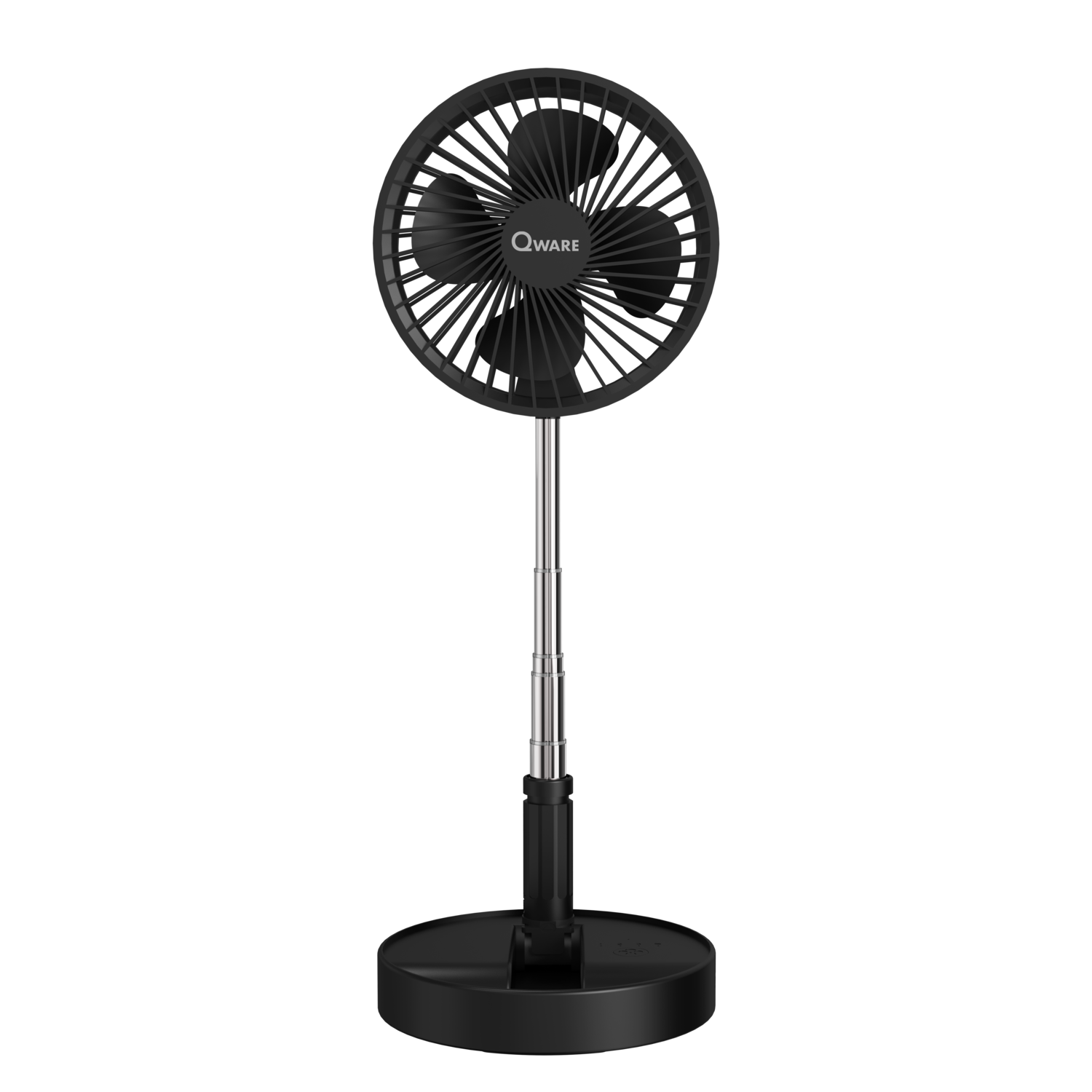 A black Qware fan on a black base. The fan has a circular head and a telescoping pole.