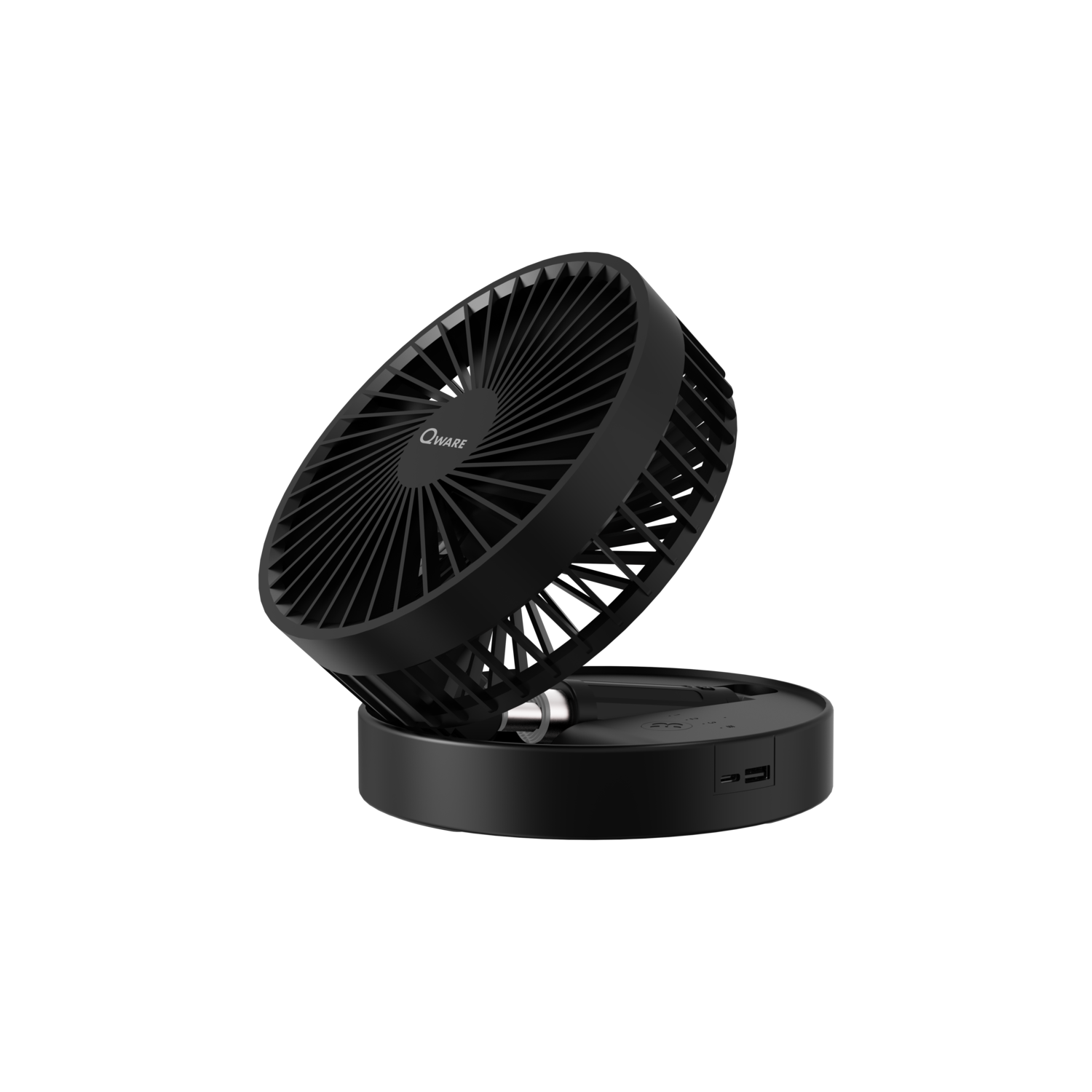 Black portable fan, angled. Black background.
