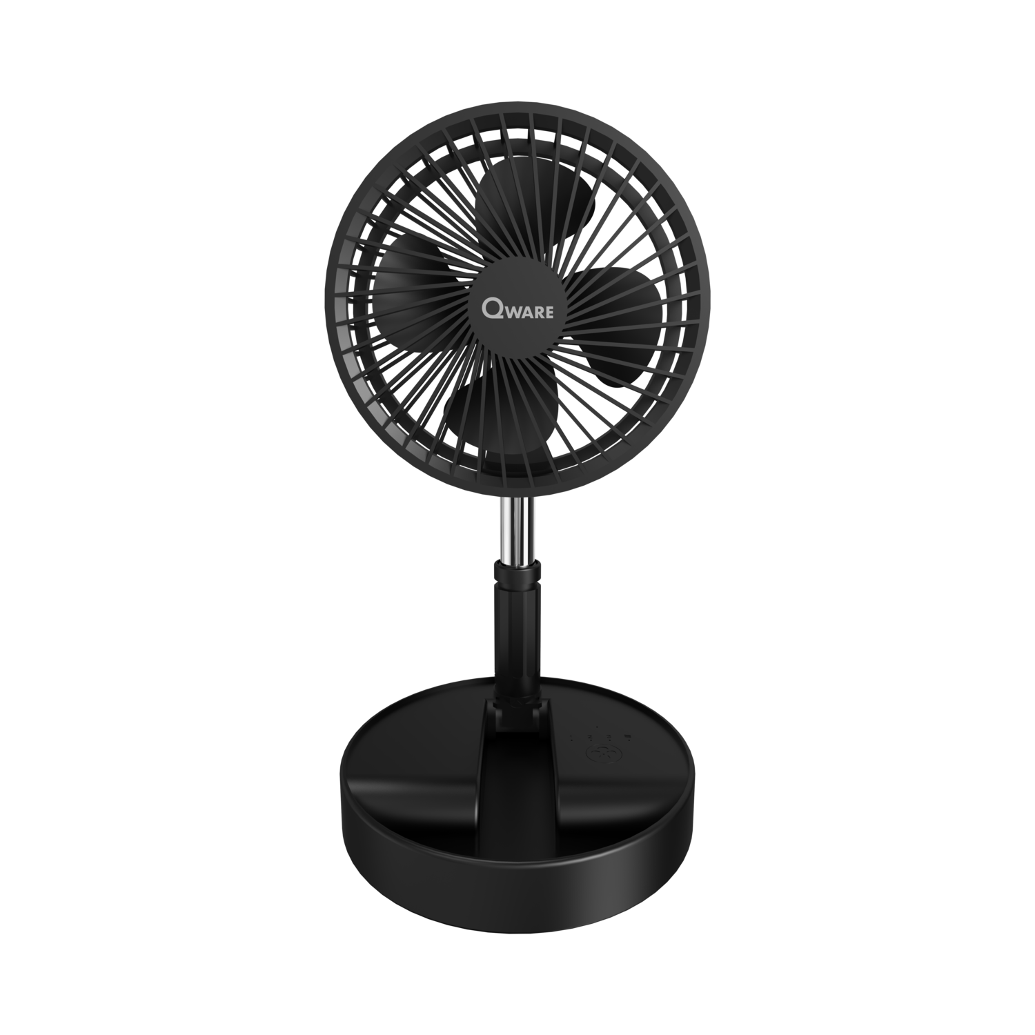 A black fan with black blades and a black base. The fan is on a black surface.
