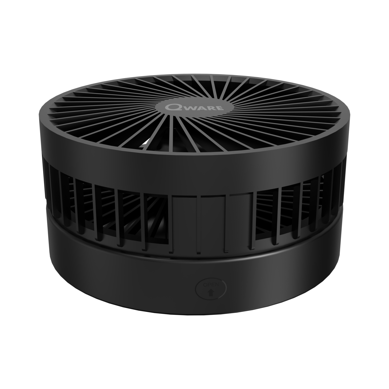 Black Qware fan, round, with open vents and Qware logo on top.
