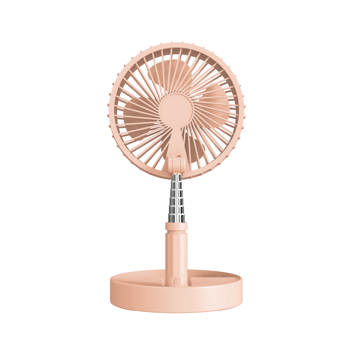 A pink fan on a black background. The fan is round with three blades. It has a stand.