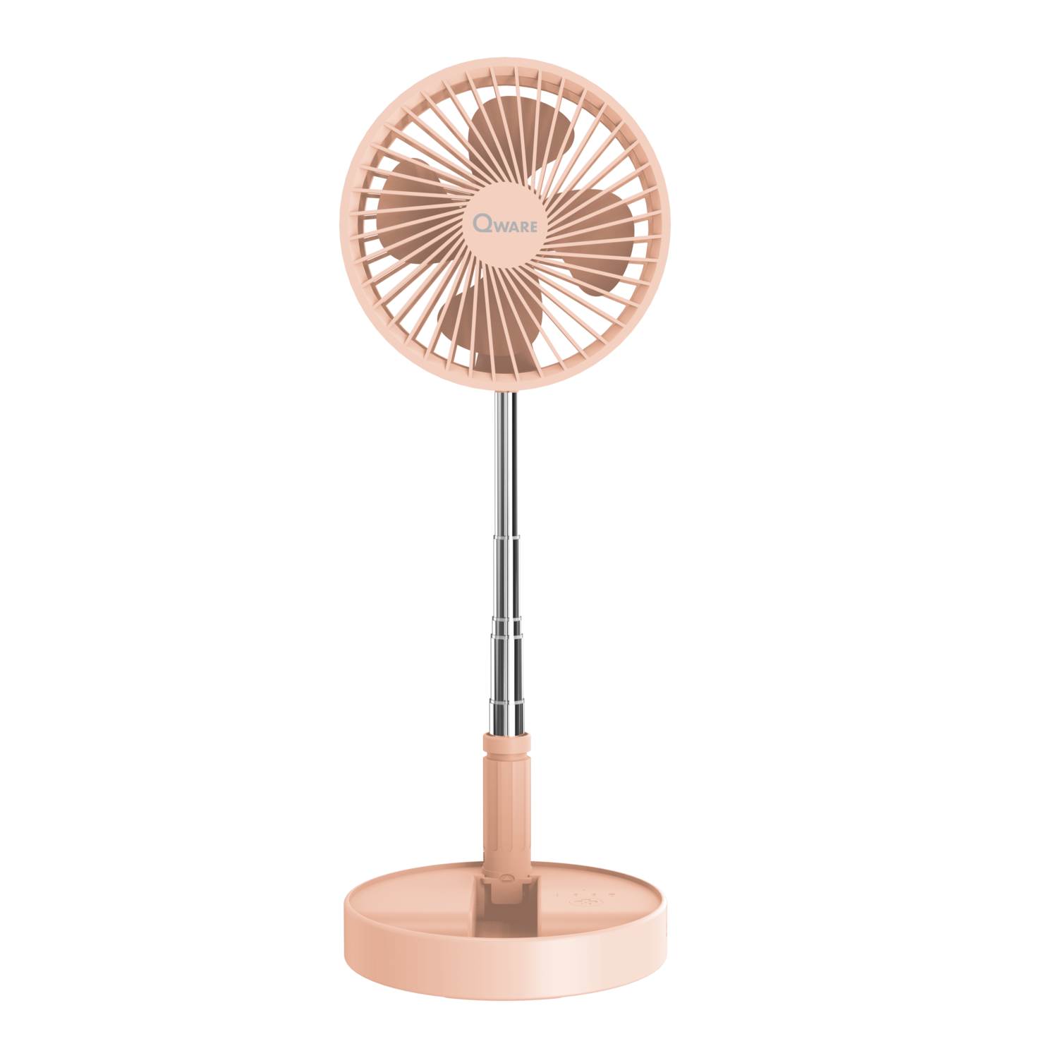 A pink fan with pink blades and a pink base on a black background.