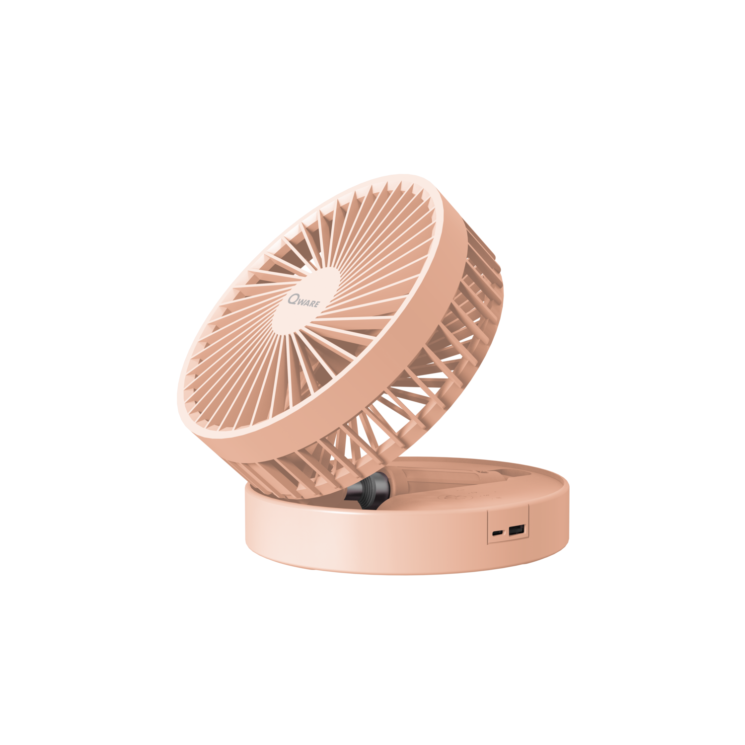 Pink fan, open at an angle. It is on a dark surface. The fan is pink.