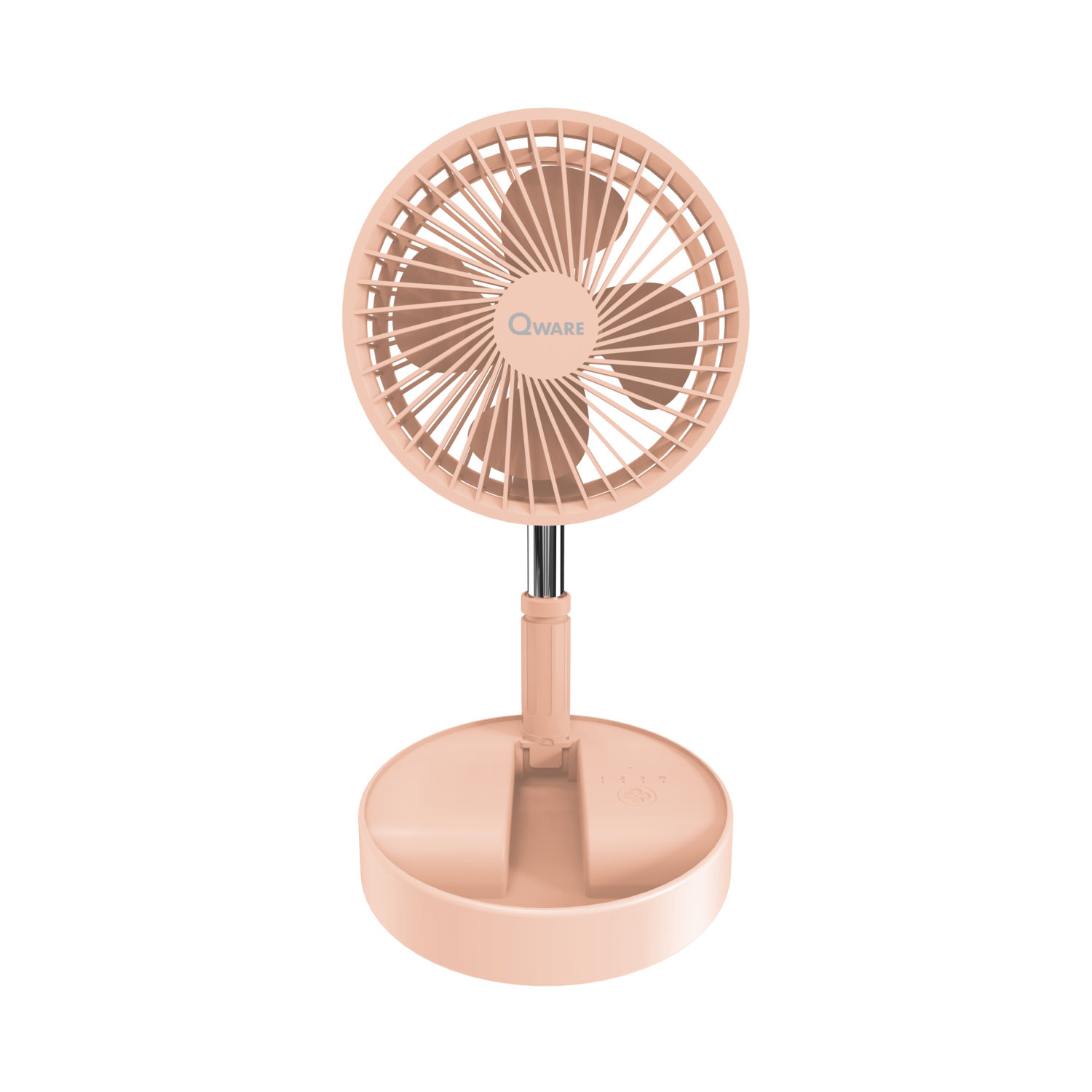 A pink fan with pink blades and a pink base. The fan is on a black surface.