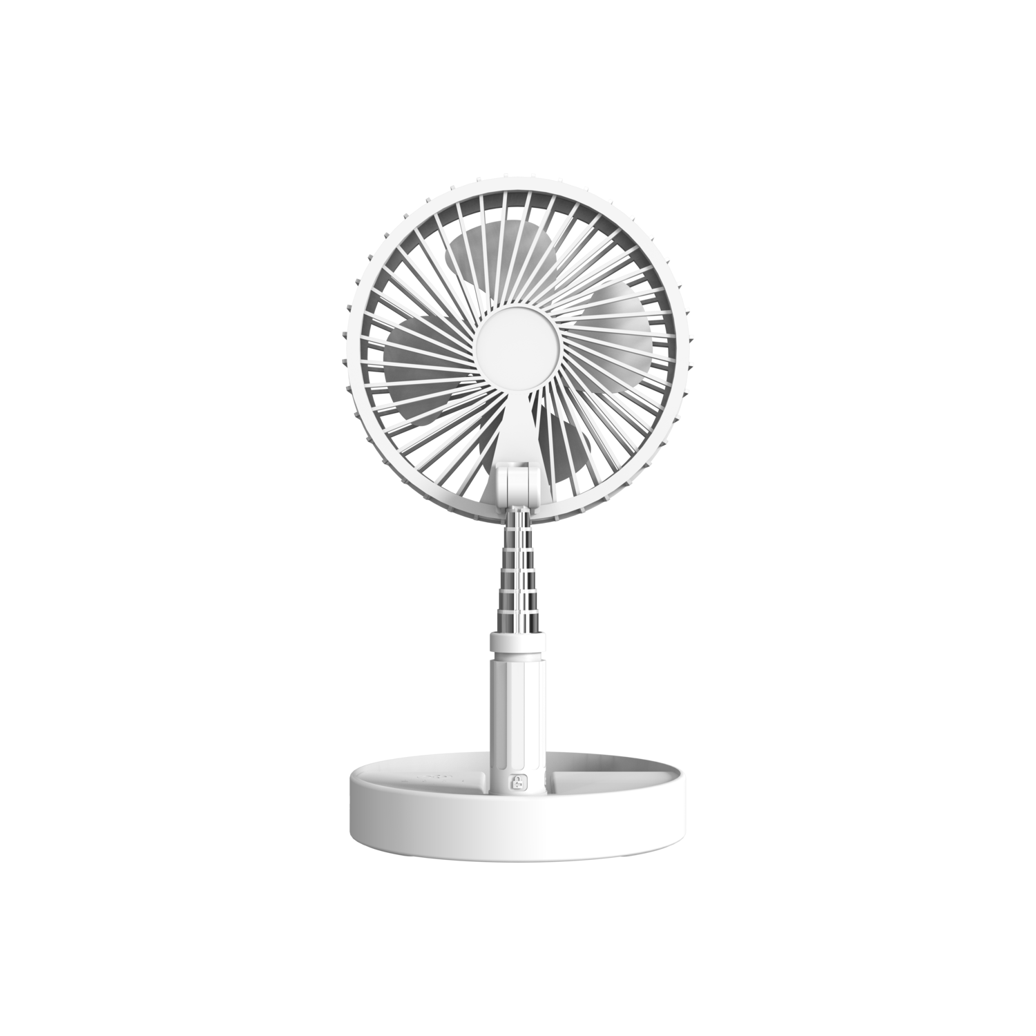 Een witte opvouwbare ventilator op een zwarte achtergrond, uitgeschoven.