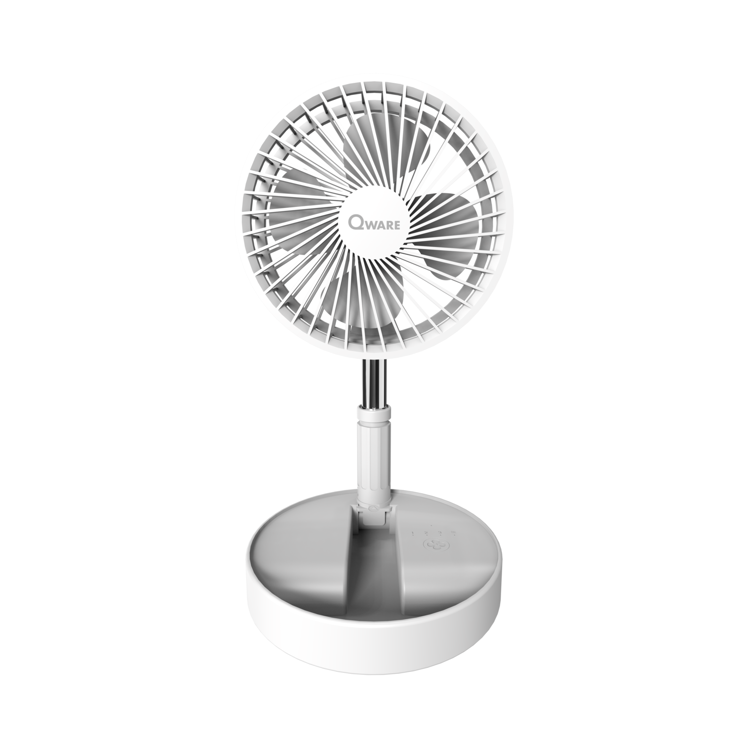 Witte Qware-ventilator op een chromen standaard, zwarte achtergrond, geïsoleerde productfoto.