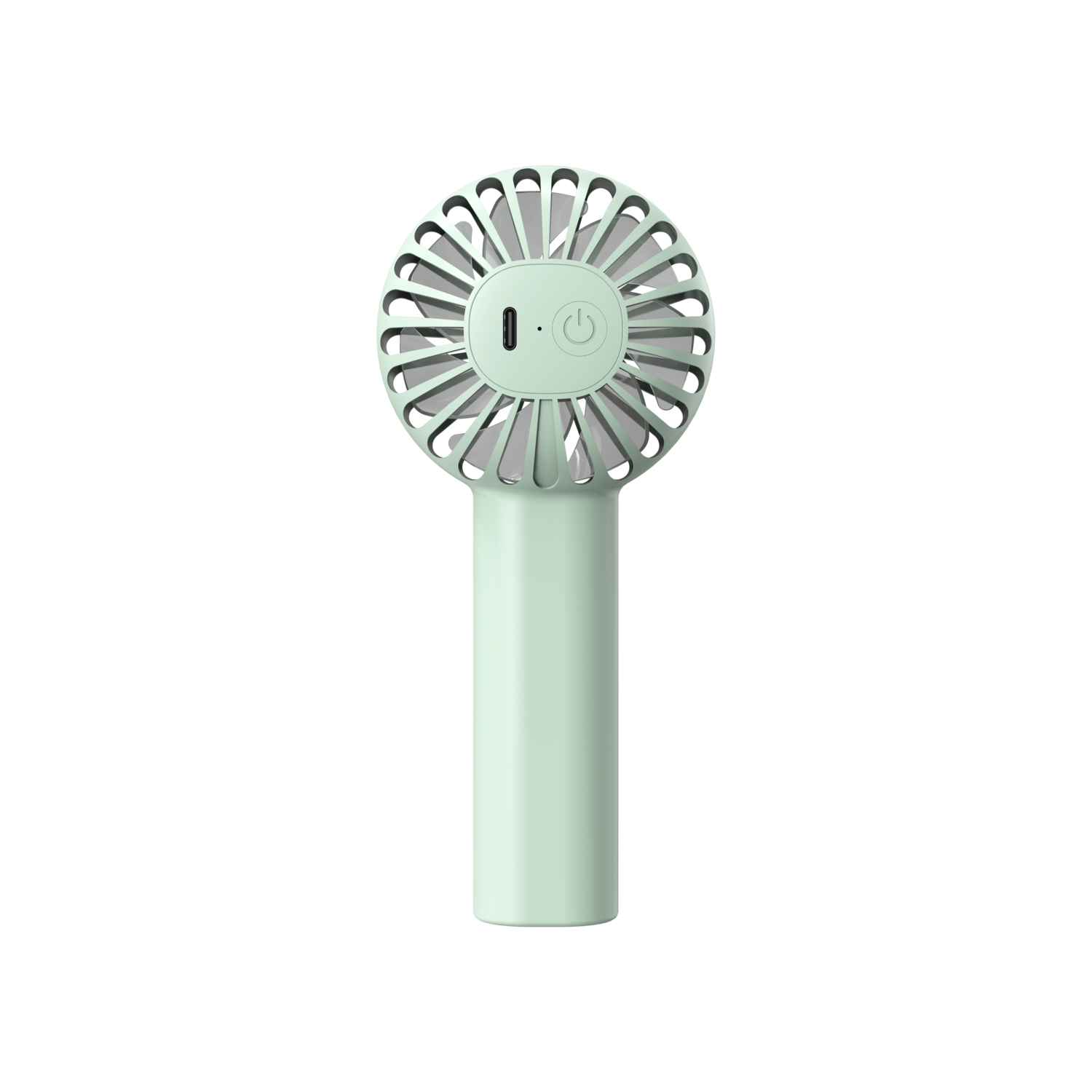 Mint green handheld fan. Round design with an on/off button and power port.