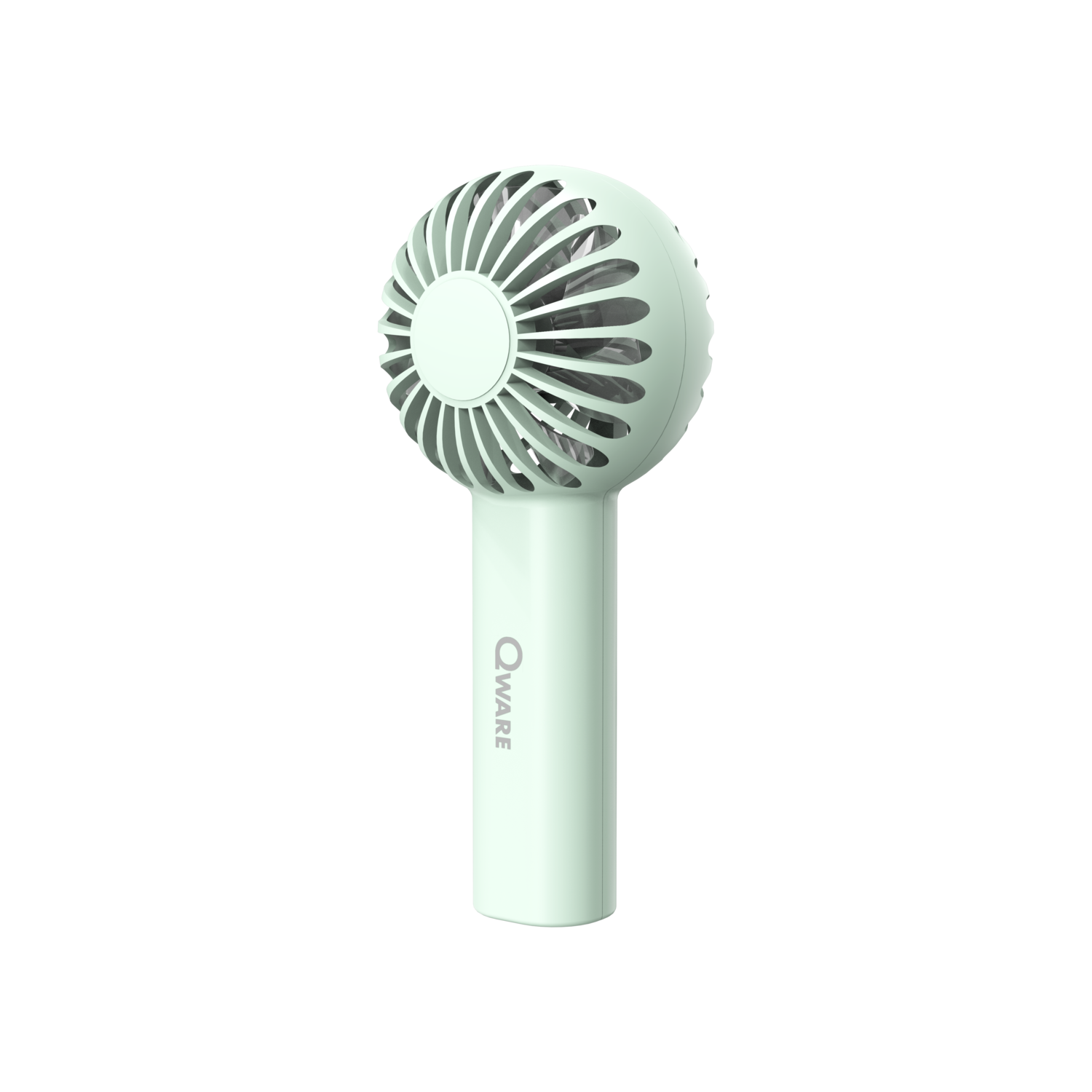 A light green handheld fan with a white grill and the brand name "QWARE" on the handle.