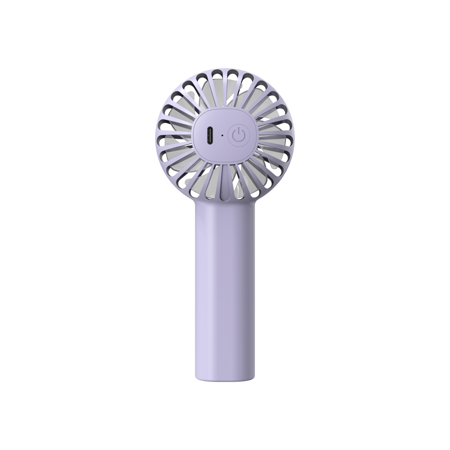 A small, lilac-colored portable fan with a handle. Power button is visible.