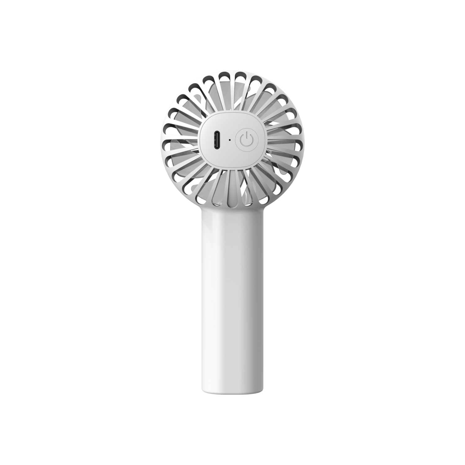 White handheld fan with a power button, and a handle. The fan has a circular design.