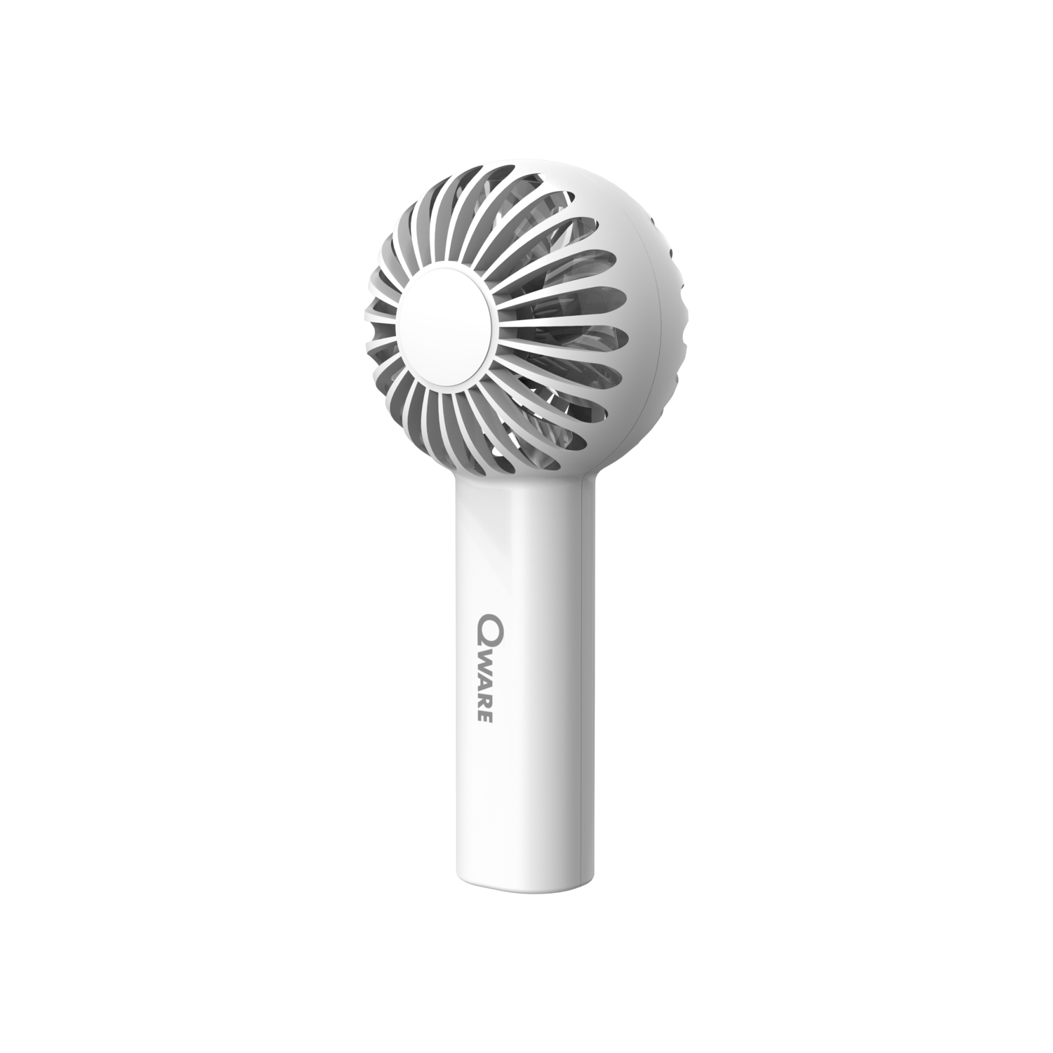 White portable fan with a rounded head and a handle.