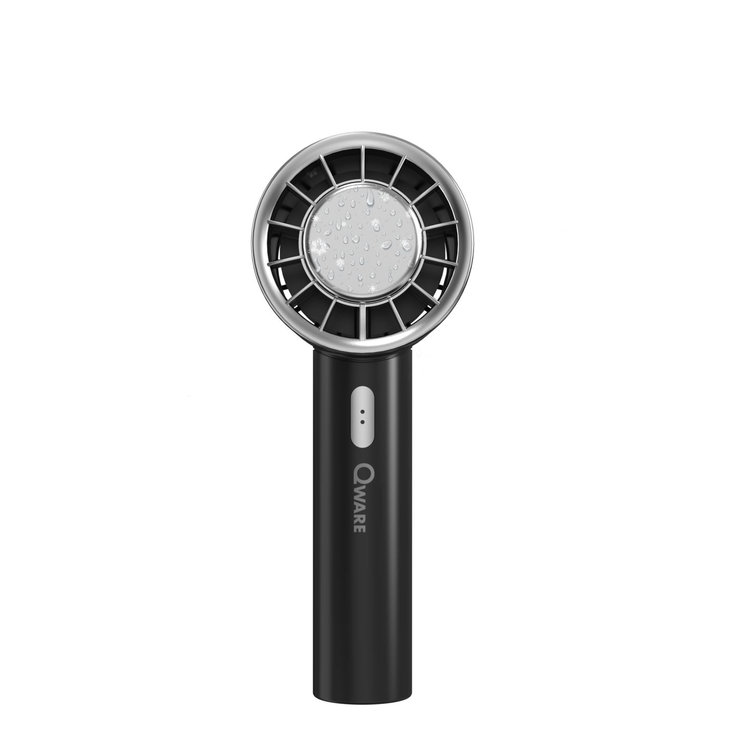 Black hand fan with a circular design. White drops of water, black background.