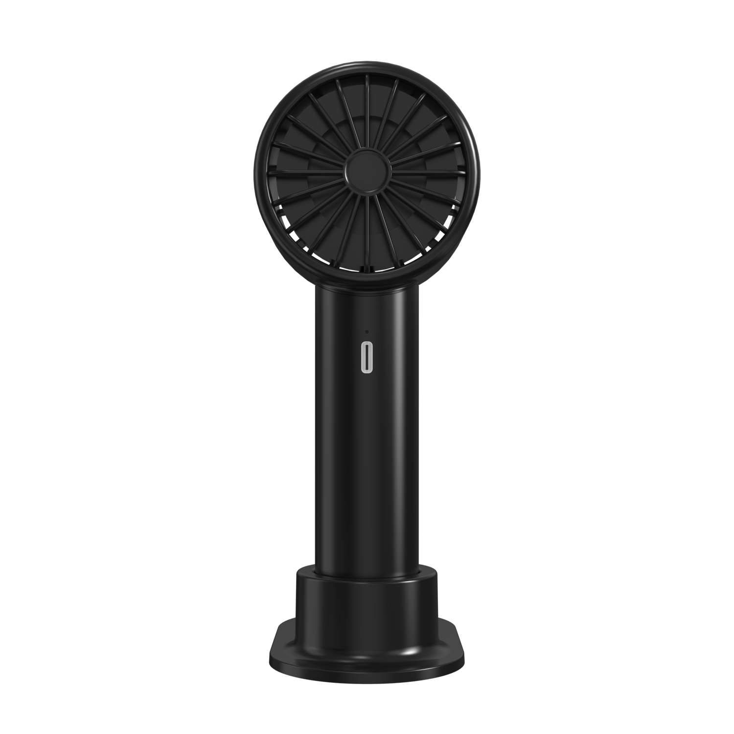 A black handheld fan, cylindrical body, circular fan head with small blades and a stand.