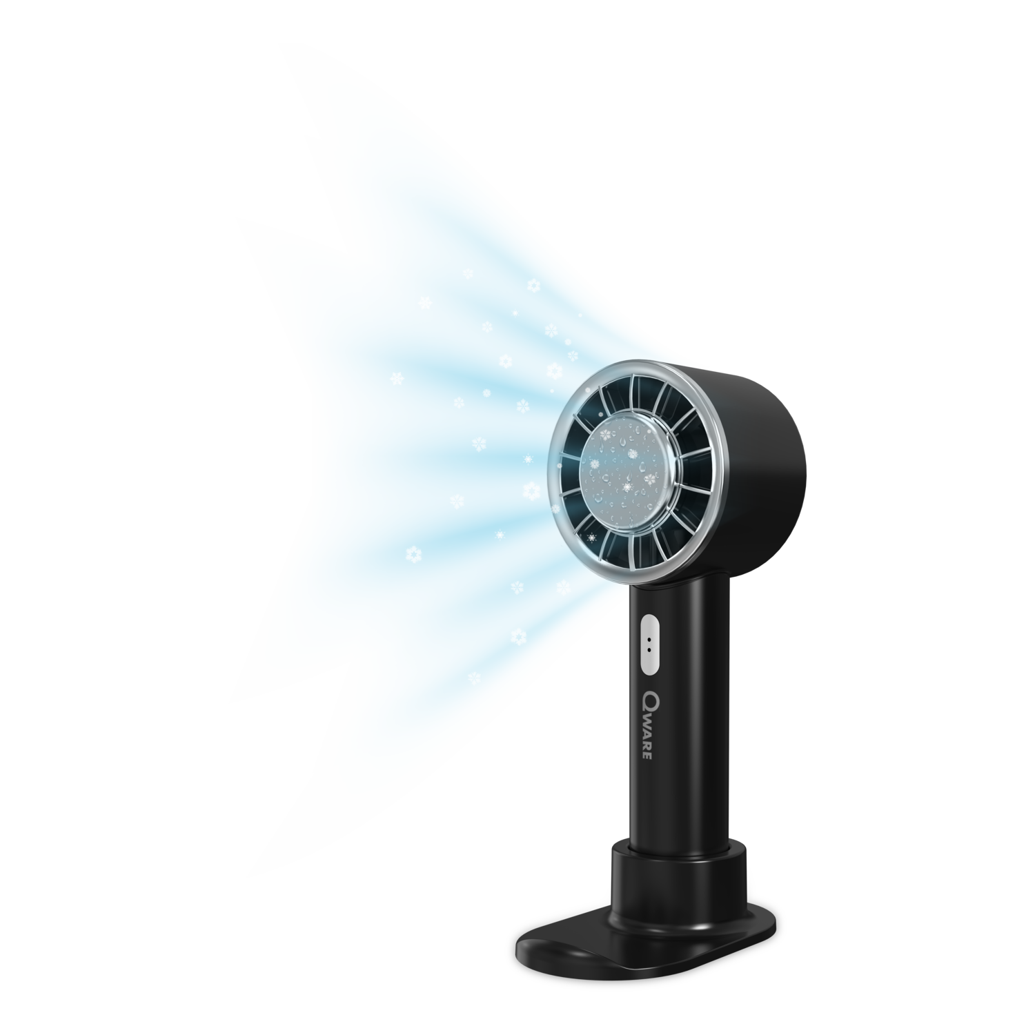 Black handheld fan with a light blue air stream and white star-shaped particles.