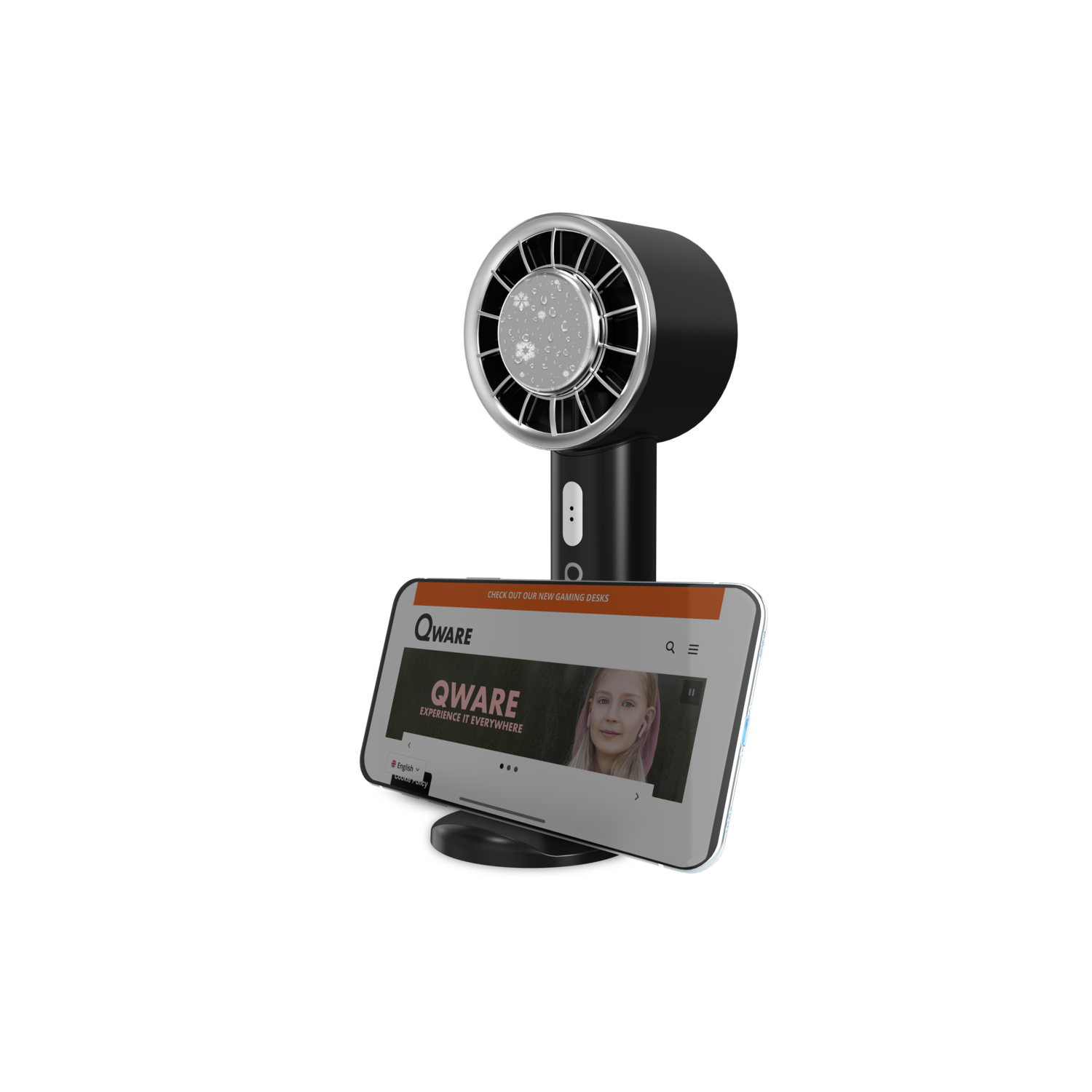 Black smartphone stand with a phone displaying a website. Black background.