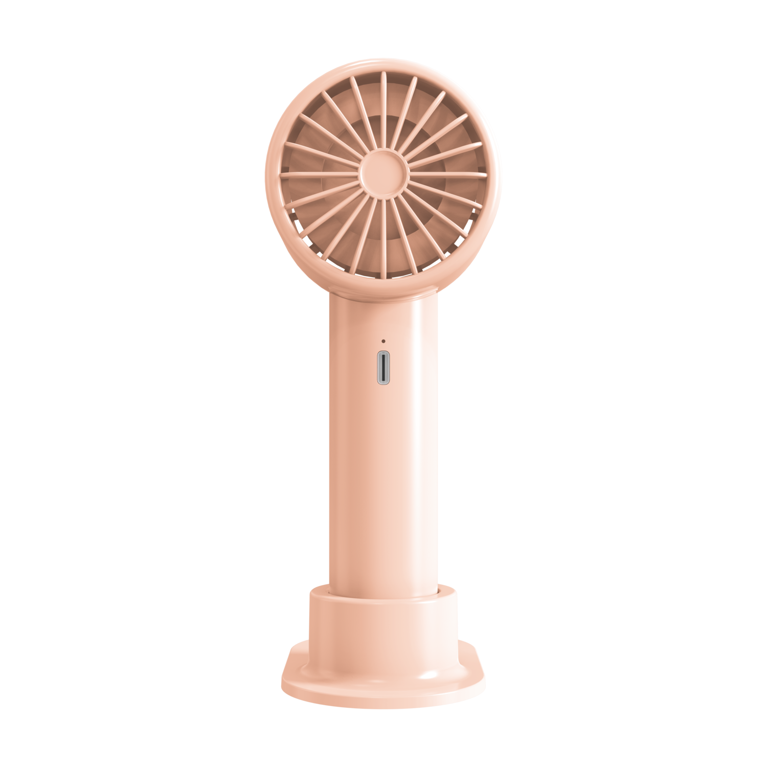 A pink hand fan with a round fan and long handle.