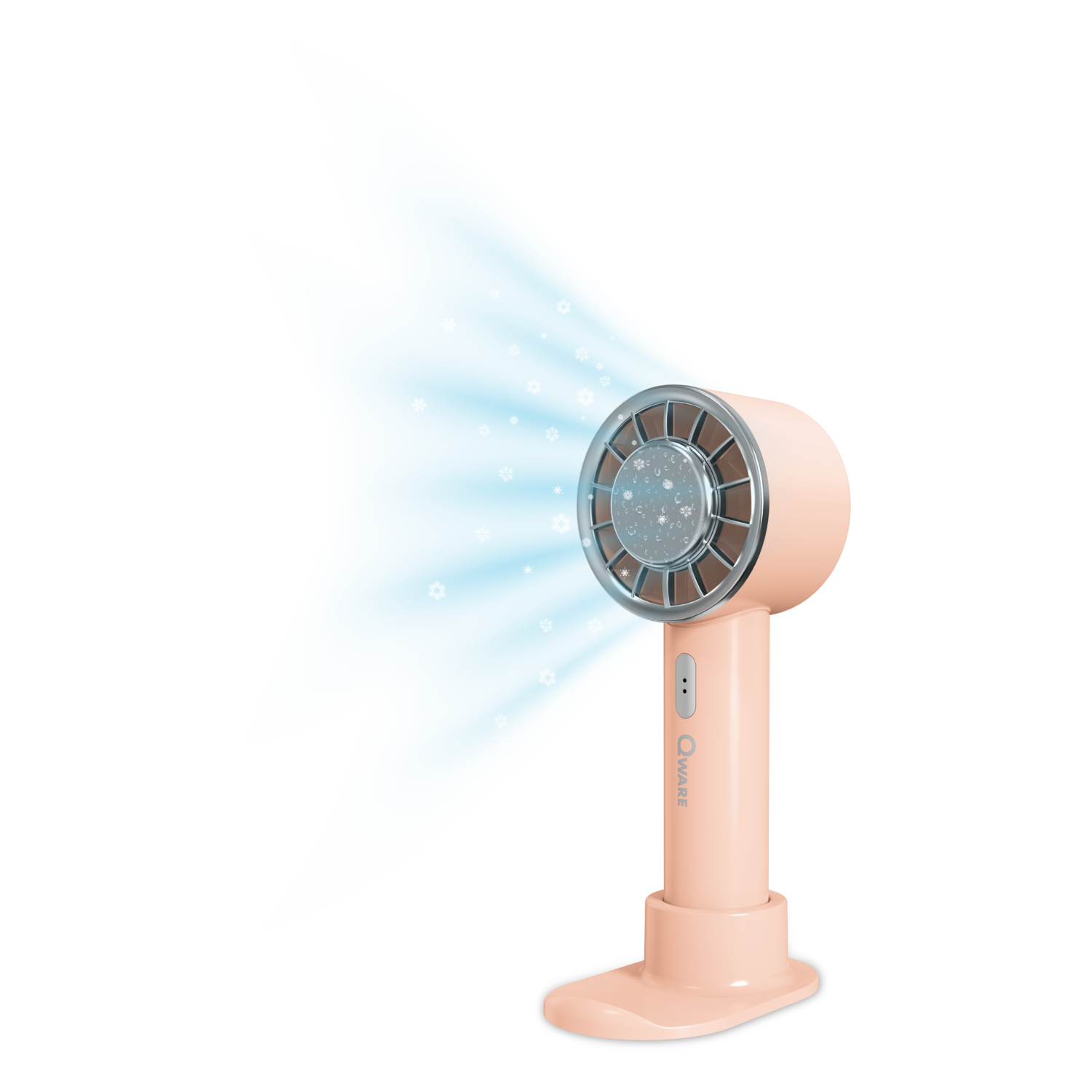 A pink portable fan with a blue airflow effect, isolated on a black background.