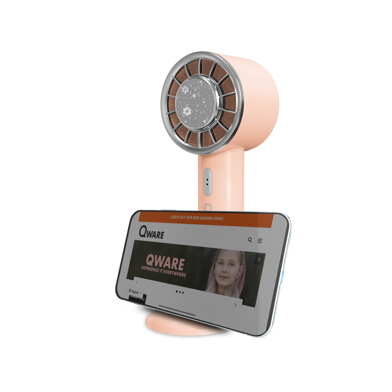 A pink fan with a phone displaying a website. The fan has a modern, rounded design.