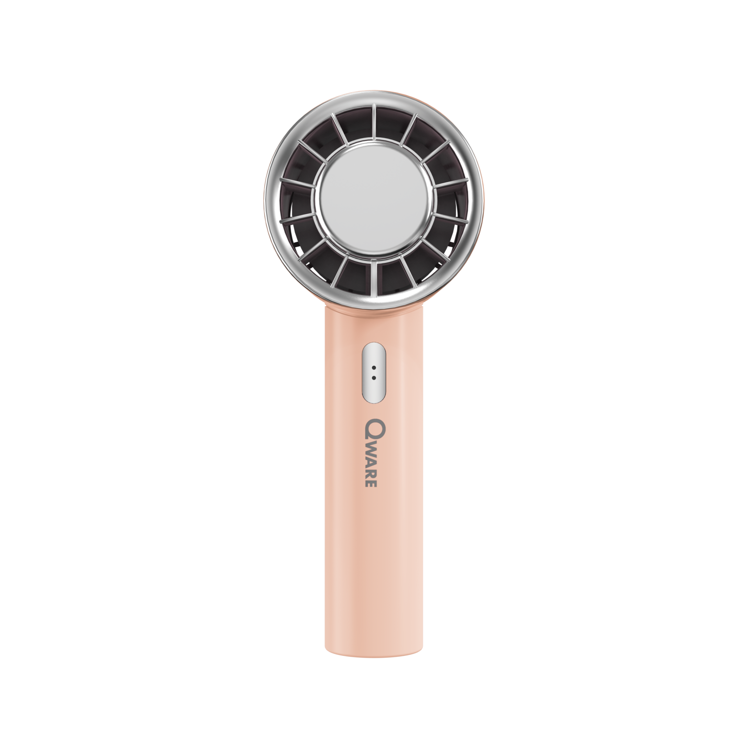 A pink handheld fan with a silver fan guard and a white center.