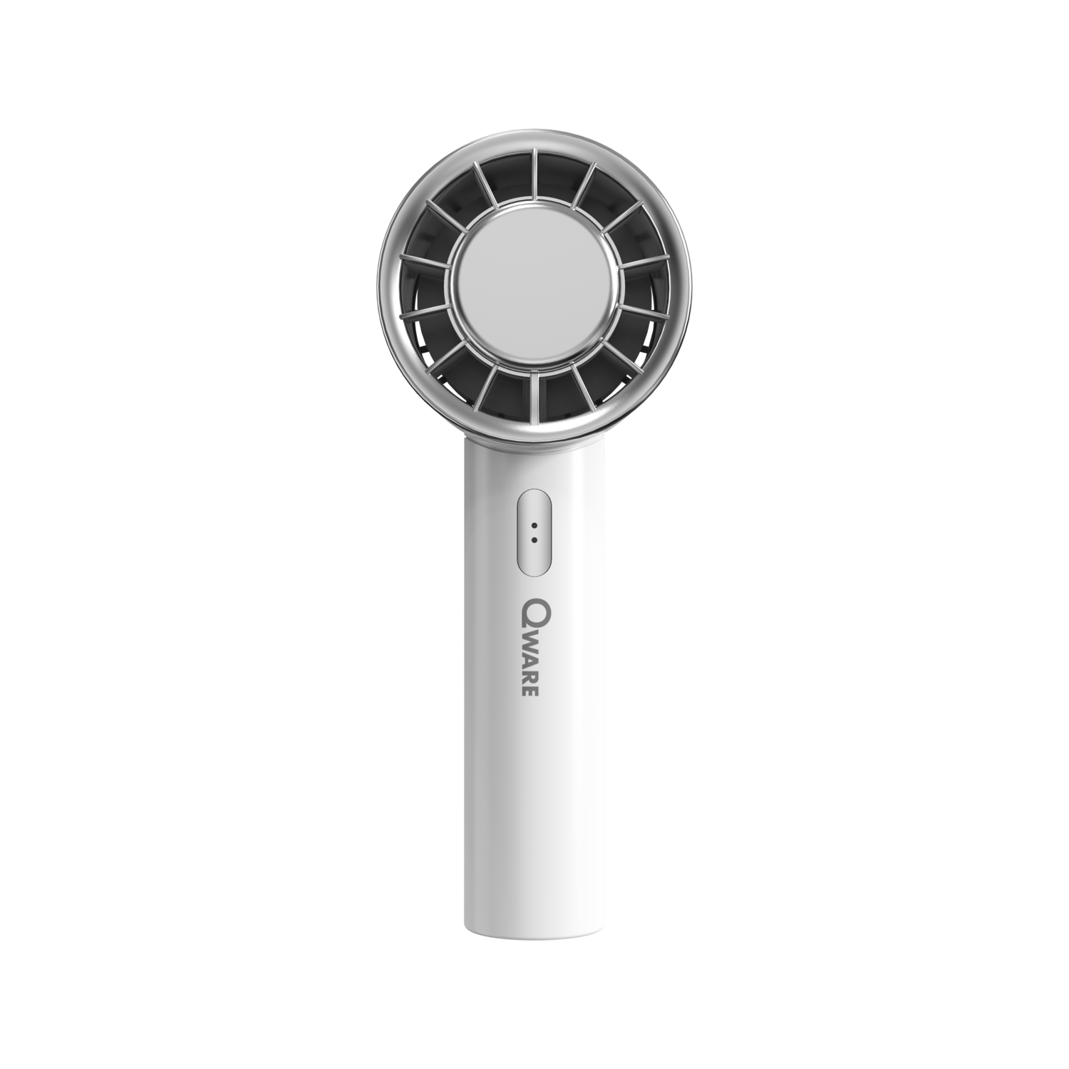 Witte handventilator met een zilveren beschermrooster. De merknaam 'Qware' staat op de handgreep.
