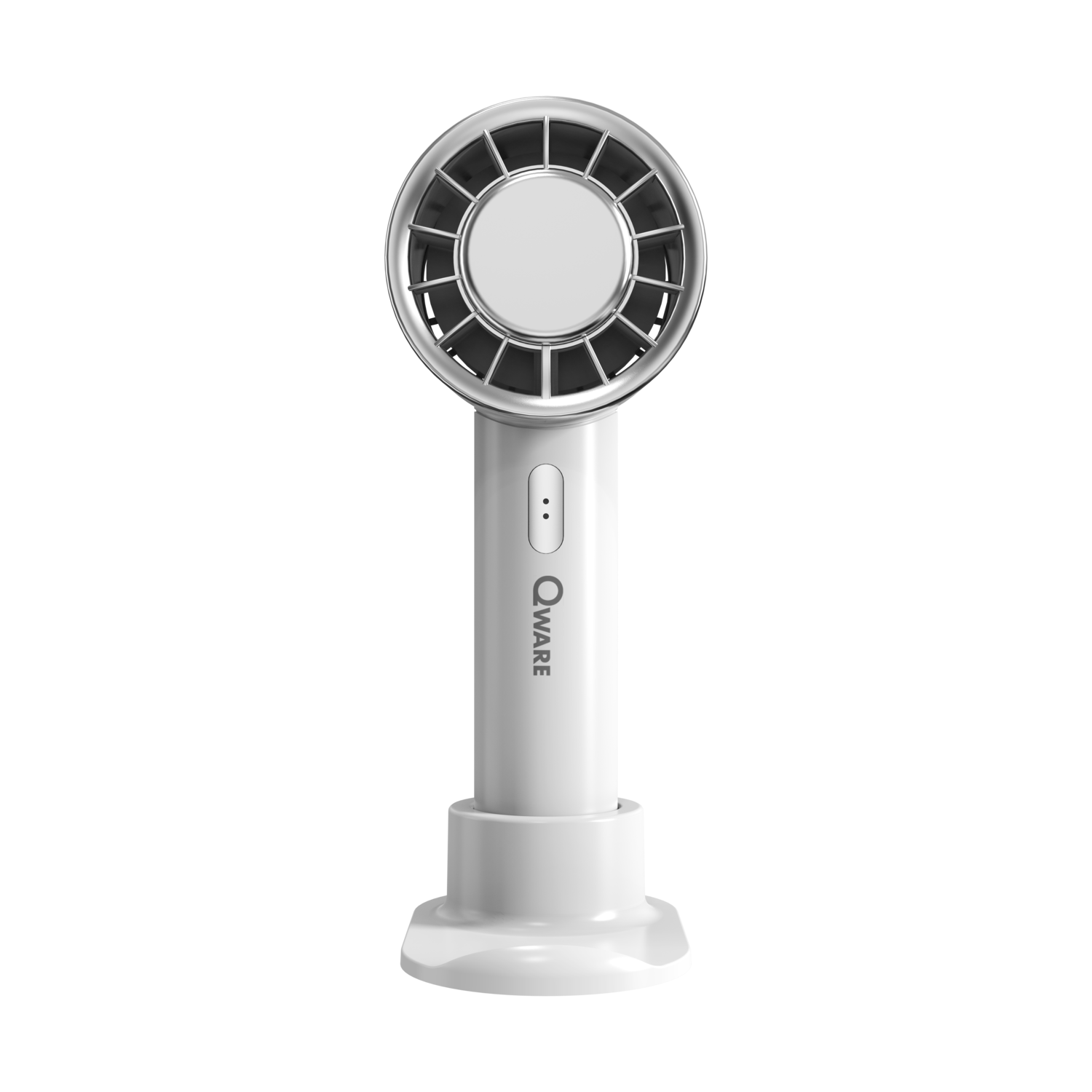 Witte handventilator op een standaard. Ronde ventilatorkop met zilveren accenten. Zwarte achtergrond.