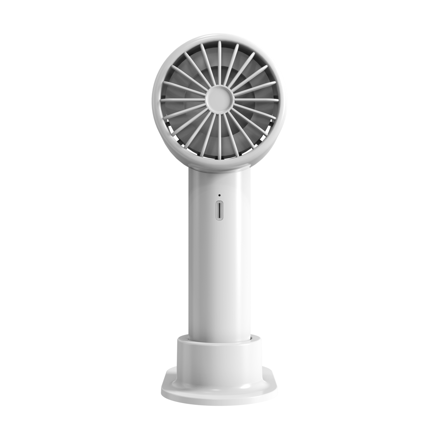 Een witte draagbare ventilator met een ronde ventilatorkop en een witte basis, tegen een zwarte achtergrond.