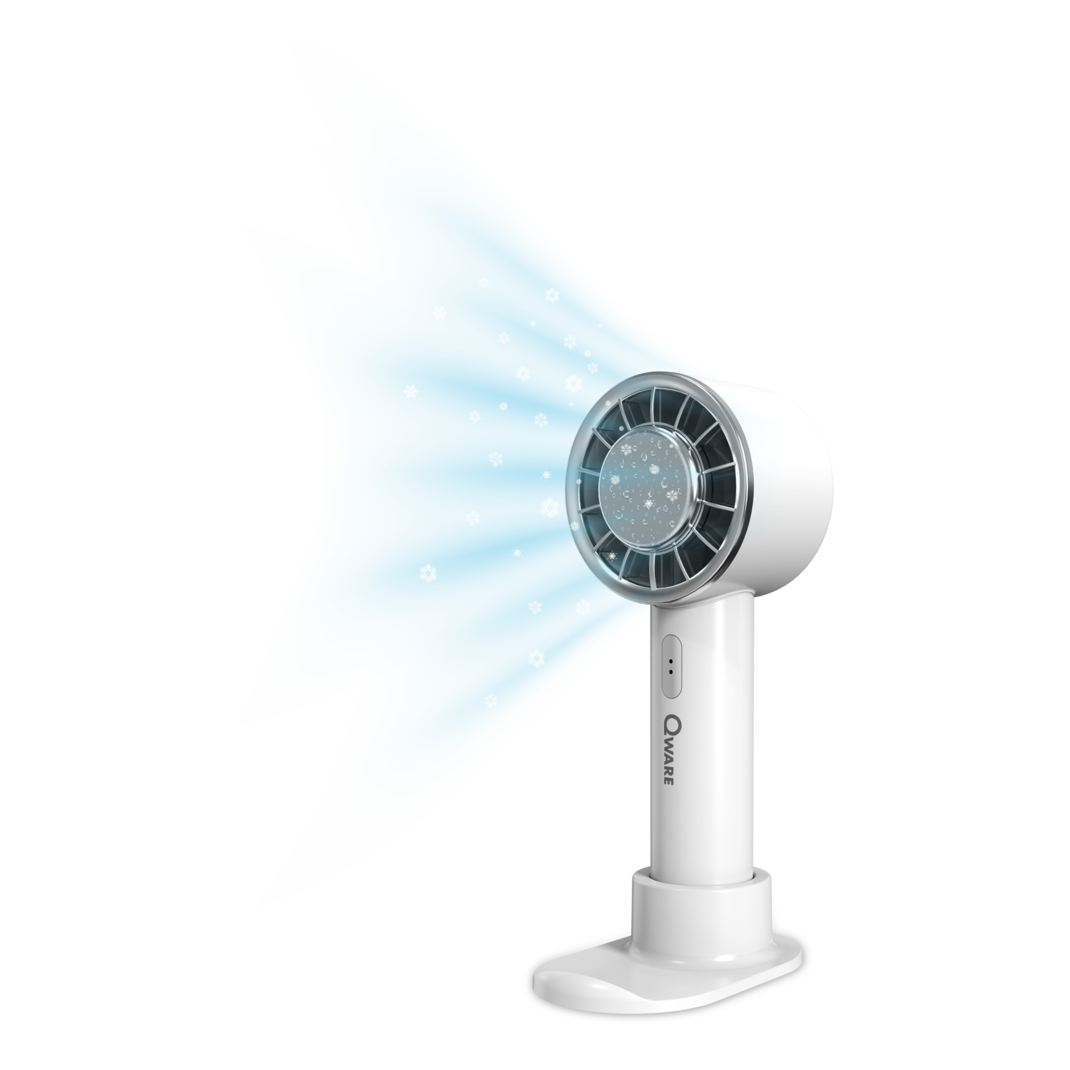 Een witte ventilator met een standaard en een lichtbundel die van de voorkant komt.