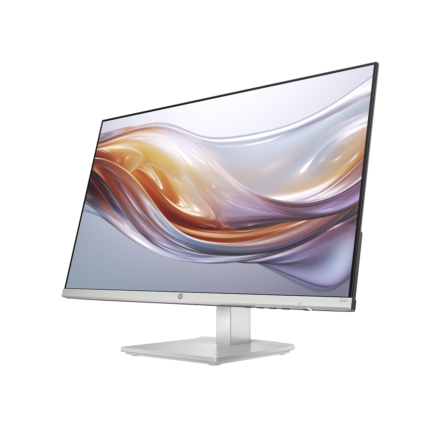 Silver monitor on a stand, displaying a colorful abstract image. White background.