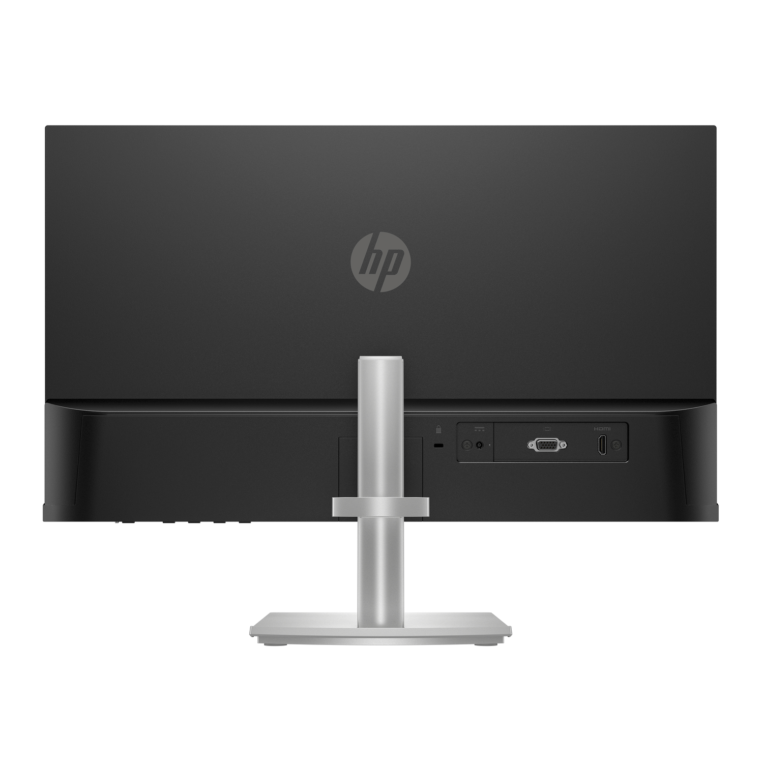 The back of a black HP monitor with ports and a stand.